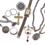 Various Victorian and later jewellery, including 9ct gold stone set pendant, 9ct gold-cased watch,