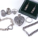 Various silver jewellery, including heart-shaped scent bottle, curb link bracelet etc