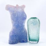 Patrick Stern, blue Studio glass torso sculpture, height 29cm, and a green crackle glaze vase,