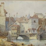 19th century watercolour, Continental town scene, unsigned, 11" x 15", framed