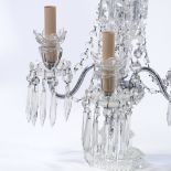 A pair of cut-glass 3-branch mantel light fittings, with cut-glass lustre drops, height 48cm