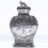 A 19th century French silver tea caddy, of rectangular baluster form, with relief embossed lover