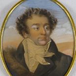 19th century Russian School, oval miniature watercolour portrait of a gentleman in a fur-trimmed