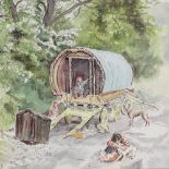 Juliet Jeffery, watercolour, gypsy caravan, signed, 8.5" x 10", framed