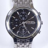 SEIKO - a stainless steel Chronograph quartz wristwatch, black dial with baton hour markers, 3