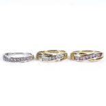 3 9ct gold diamond and stone set crossover rings, largest size R, 5.7g total (3)