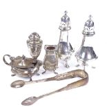 Various silver cruets, including a pair of sugar shakers, Scottish sugar tongs etc, 11.1oz total