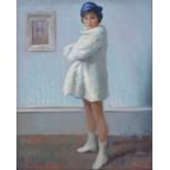 Harry John Pearson RBA (1872 - 1933), oil on board, girl in white fur coat, 16" x 12.5", framed