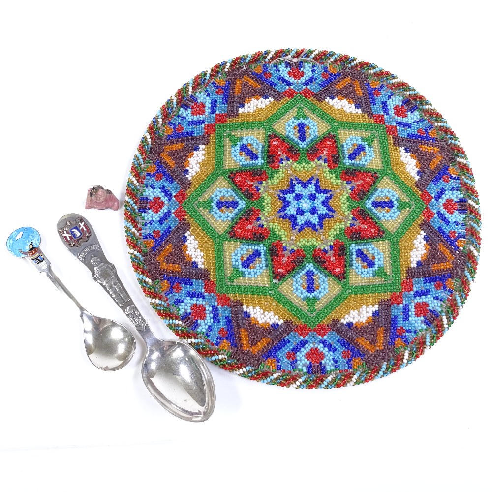 A group of Greenland items, including a bead work panel, 26cm across, 2 silver and enamel souvenir - Image 2 of 3