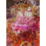 Mary Dinsdale (1839 - 2011), mixed media, 2 figures, artist's label verso, 13" x 10", framed