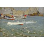 Piotr Soulimenko (Russian born 1914), oil on board, tourist boats Crimea 1950, 9" x 13", framed