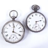 2 silver-cased open-face pocket watches, with engine turned decoration, largest case width 53mm (2)