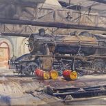 Ralph Hartley RA NEAC RSBA (1926 - 1988), watercolour, steam train workshop, signed, 22" x 30",