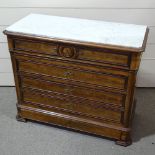 A 19th century French walnut secretaire chest of 4 long drawers, with marble top and secret drawer