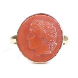 A silver-gilt relief carved coral panel ring, depicting Classical portrait, setting height 15.1mm,