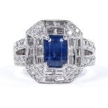 A 14ct white gold sapphire and diamond cluster dress ring, with baguette and round-cut diamonds, and