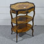 A 19th century walnut and marquetry inlaid 3-tier etagere, with brass gallery and mounts, and single