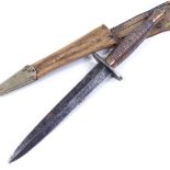 A Fairbairn-Sykes fighting knife in leather and nickel scabbard