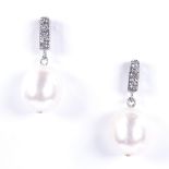 A pair of 18ct white gold pearl and diamond drop earrings, overall height 25.1mm, 5.5g