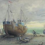 R Pain, oil on board, Hastings fishing boats, 17" x 22.5", framed