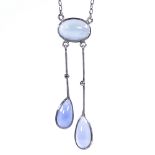 An unmarked silver and cabochon moonstone negligee pendant necklace, pendant length 42mm, chain