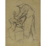 Sir Walter Westly Russell RA (1869 - 1949), pencil sketch, the blacksmith, 9" x 7", framed,