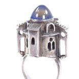 A Jewish chalcedony castle marriage ring, unmarked silver settings, castle height excluding shank