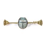 An Egyptian unmarked gold scarab panel bar brooch, brooch length 45.7mm, 4.4g