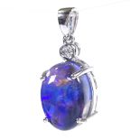 A 14ct white gold black opal and diamond pendant, high cabochon opal approx 7.71ct, diamond approx
