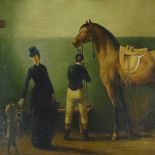 After Felix Kelly, modern oil on wood panel, stable interior scene, signed, 12" x 16", framed