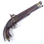 Late 18th/early 19th century brass-mounted percussion pistol (converted from flintlock), with ring