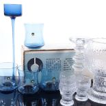 Wedgwood blue glass candlestick, height 29cm, a Sarpaneva candlestick, vase and 3 glasses, and a