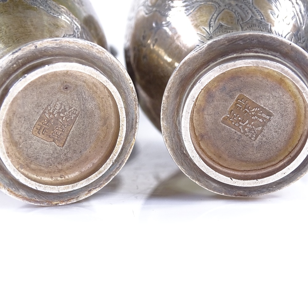 A pair of miniature Chinese silver vases, with bright-cut tree decoration and Greek key borders, - Image 3 of 11