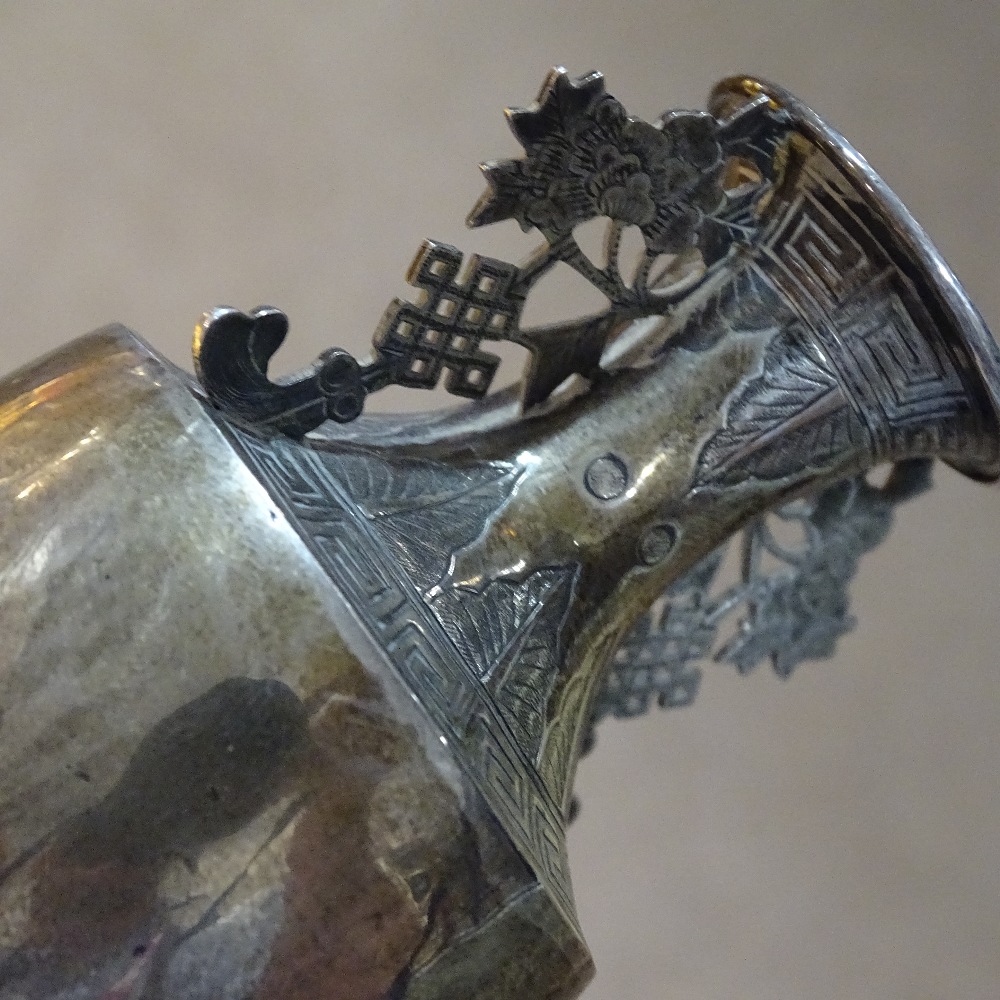 A pair of miniature Chinese silver vases, with bright-cut tree decoration and Greek key borders, - Image 6 of 11