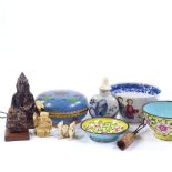 A mixed group of items, including a snuff bottle, a miniature bell, a netsuke, a porcelain cup etc