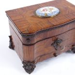 A miniature 18th/19th century kingwood casket, with painted enamel floral plaque (A/F), and bronze