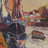 Michel Boussy, oil on canvas, harbour scene, 18" x 13", and another oil by the same hand (2)