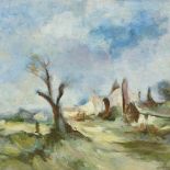 Oil on board, impressionist landscape, unsigned, 12" x 15", framed