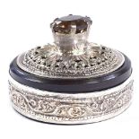 A sterling silver-mounted circular paperweight, with smoky quartz handle, diameter 6.5cm