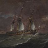 18th/19th century oil on board, galleons at sea, unsigned, 10" x 20", framed