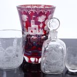 A Bohemian ruby overlay glass vase circa 1870, height 13.5cm, and 3 other pieces of engraved