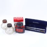 A boxed Sheaffer fountain pen with 14ct gold nib, a Sheaffer ballpoint pen, ink bottles and ink