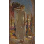 Oil on paper laid on board, girl standing under an archway, early 20th century, unsigned, 39" x 25",