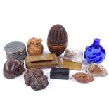 A group of treen and other miniature items, including a 19th century carved and pierced nut box,