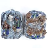 A pair of Chinese Shiwan multi-colour glaze porcelain wall pockets, with relief moulded dogs of fo