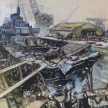 Leslie Carr (1891 - 1961), watercolour, Second War Period shipyard scene "New Bows Please", signed