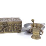 A heavy cast-brass casket with relief moulded panels, length 24cm, a pewter 2-handled bowl, and a