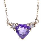 A 9ct gold heart-shaped amethyst and diamond pendant necklace, pendant height 9mm, chain length