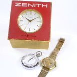 A Zenith Exact Time clock, Vintage Romana automatic wristwatch, and a chrome-cased stopwatch (3)