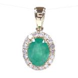 A 14ct gold emerald and diamond cluster pendant, oval-cut emerald approx 1.25ct, total diamond